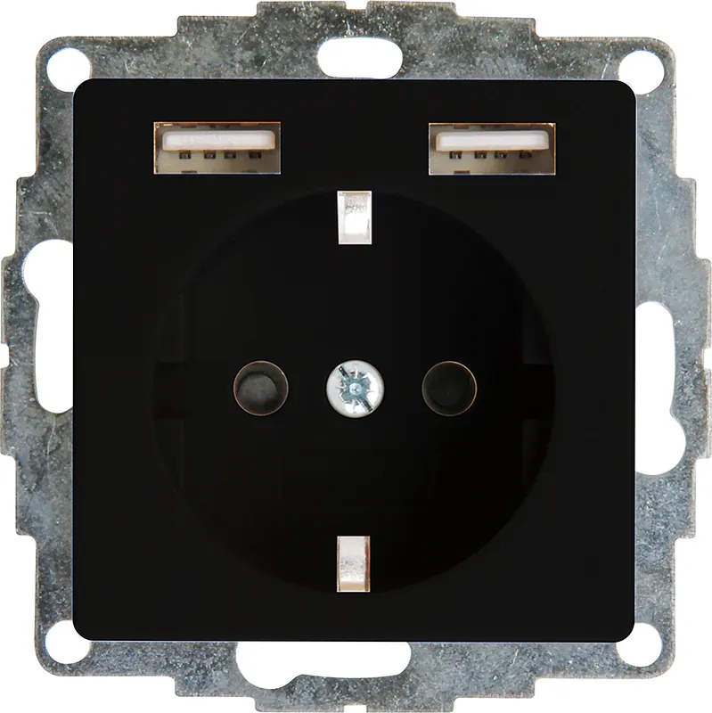 Korting Wandcontactdoos enkelvoudig geaard met shutter 2x USB-aansluiting 5V 2400mA Kopp HK07 zwart mat