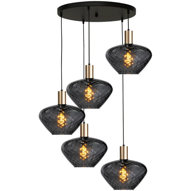 Masterlight - 5-lichts vide hanglamp - goud - Porto met Blossom smoke glazen Korting
