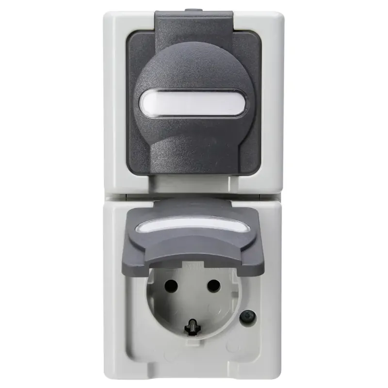 Nieuw Kopp blue electric stopcontact spatwaterdicht ip44 verticaal met deksel en randaarde 2-voudig opbouw grijs (131456008)